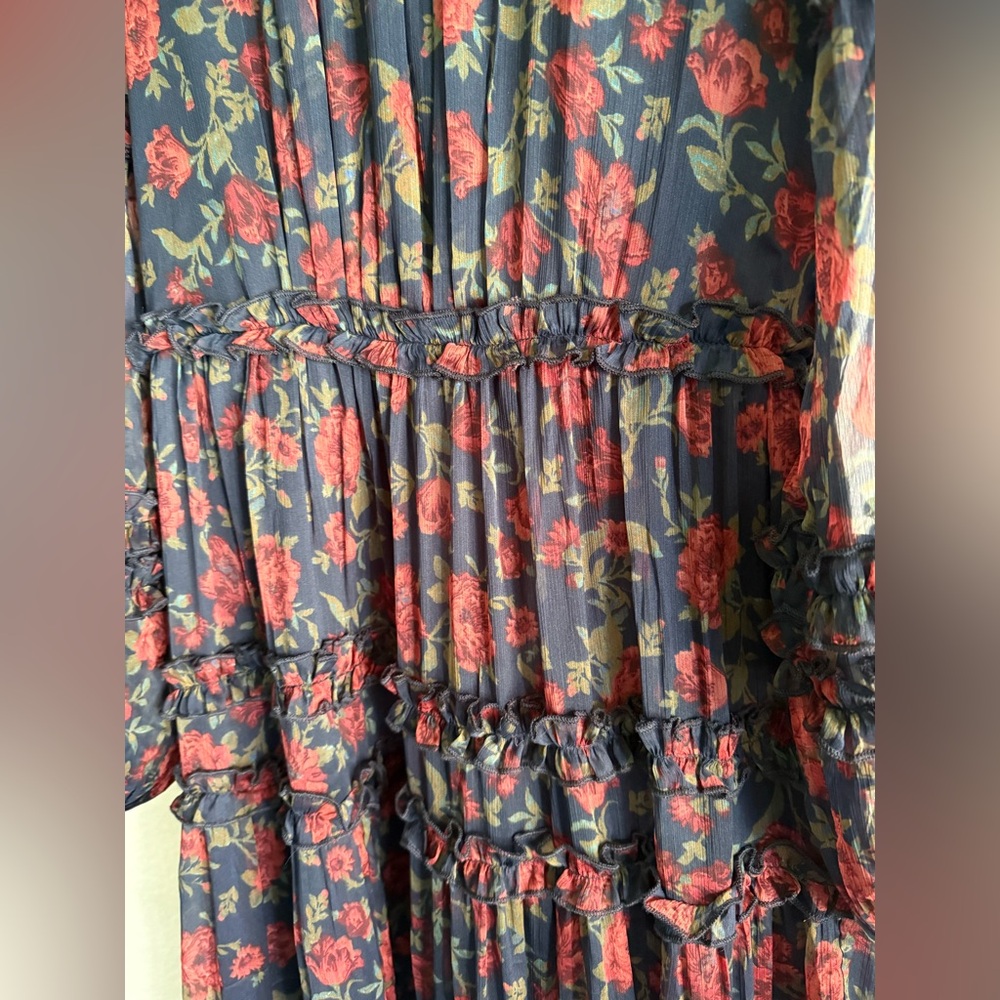 IVY CITY CO Geneva Dress in Scarlet Bloom - Navy and Red Floral Long Sleeve - Picture 3 of 7